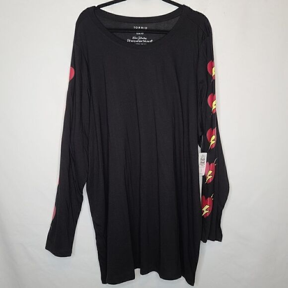 5X 28W Torrid Black Bolt Heart Graphic Long Sleeve Tee Slim Fit Lightening Knit - Picture 2 of 6